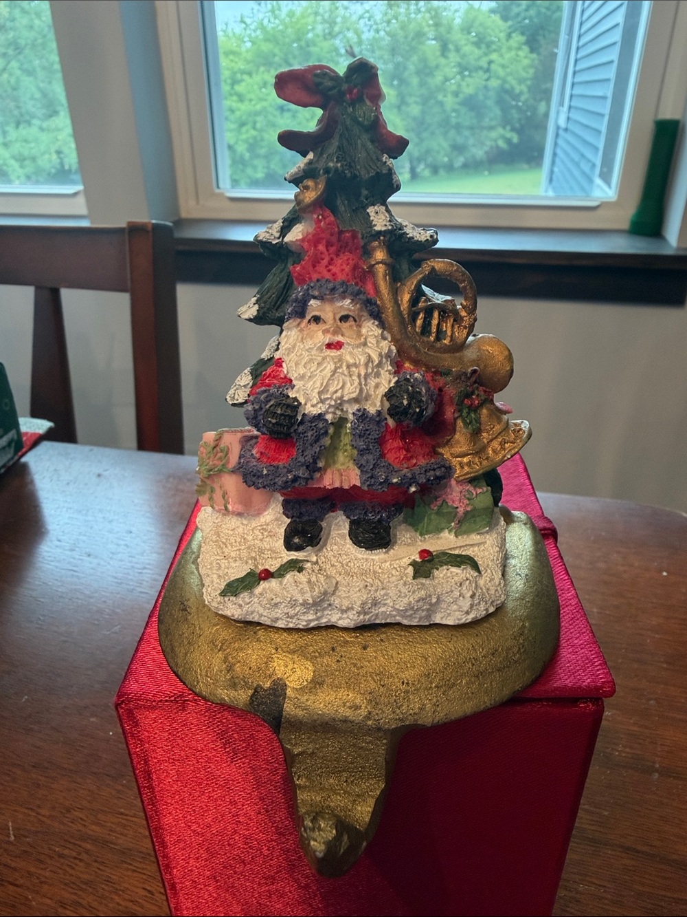 Holiday Santa Figurine with Tree and Horn - Red, Green, Gold